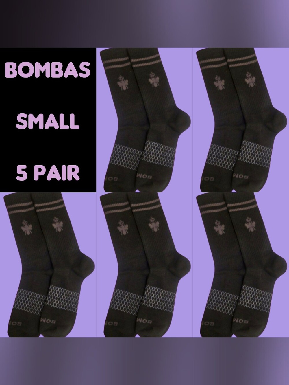 Bombas Crew Calf Socks Small Black~Grey Womens BNWT 5 Pair Bee Better